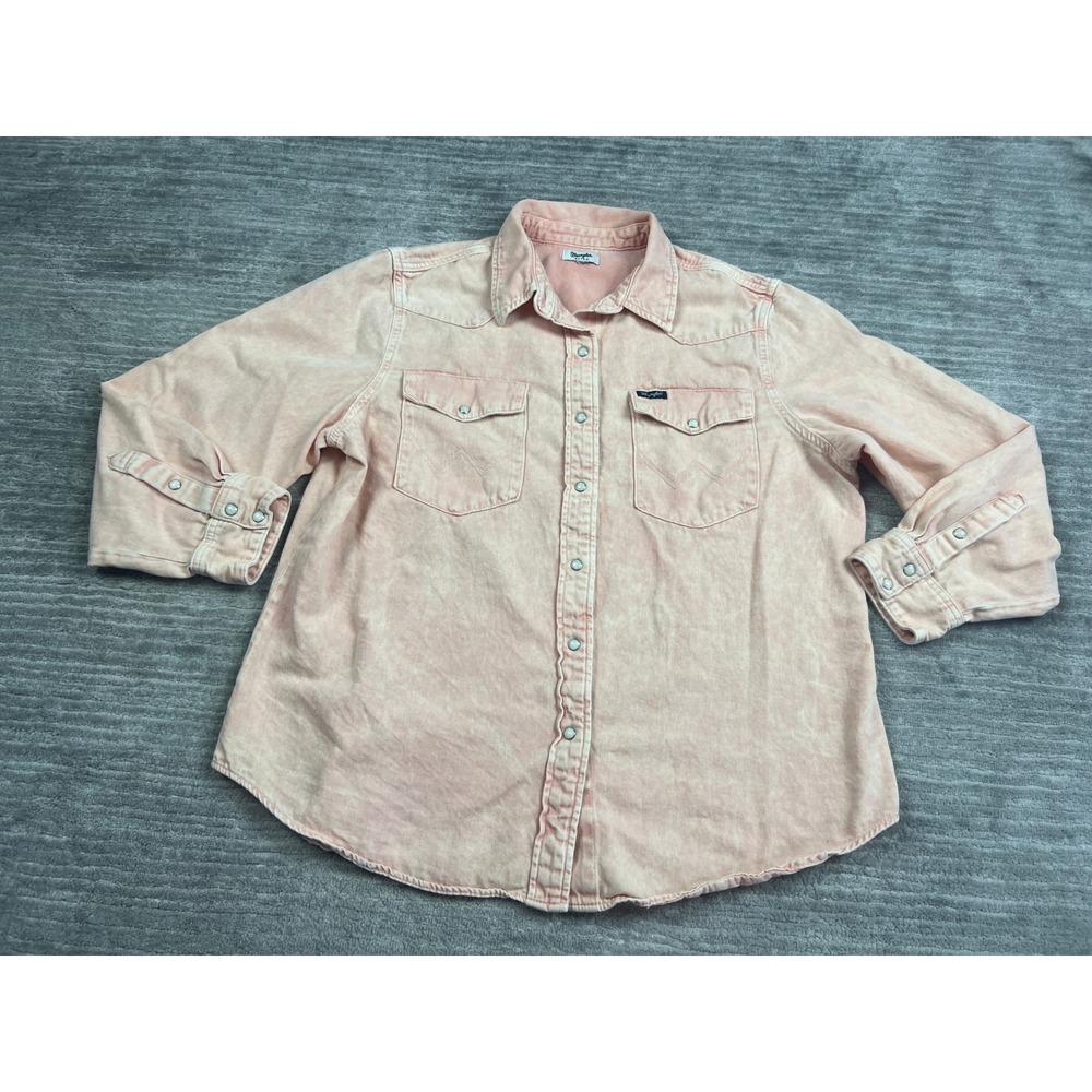 Wrangler Retro Western Shirt Women XXL Peach Acid Wash Denim Pearl Snap Yoke